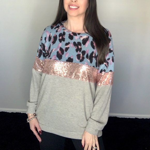 Leopard print color block sequin sweater top - Picture 1 of 2